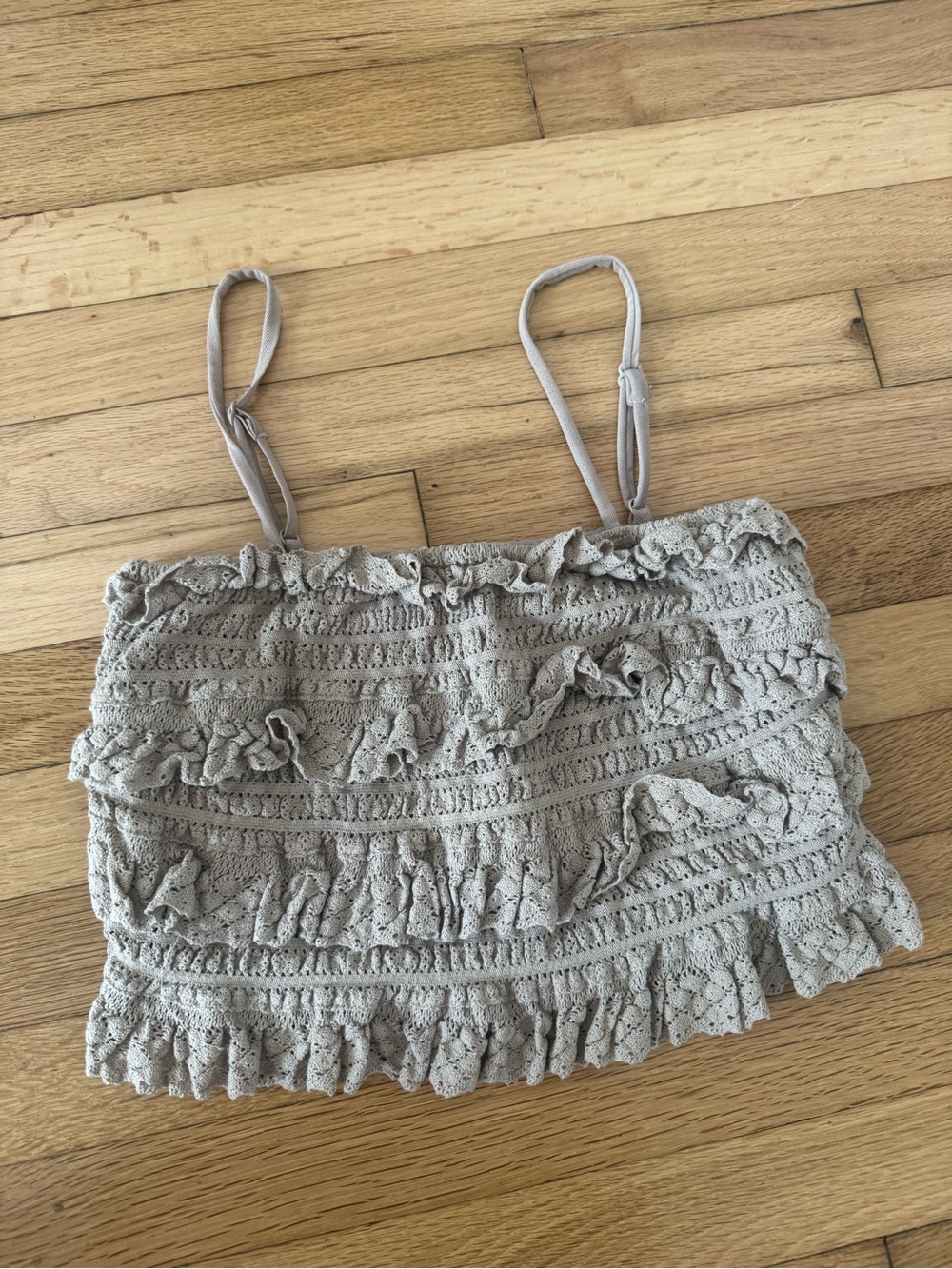 Mustard Seed Beige Gray Crochet Eyelet Ruffled Crop Tank Top